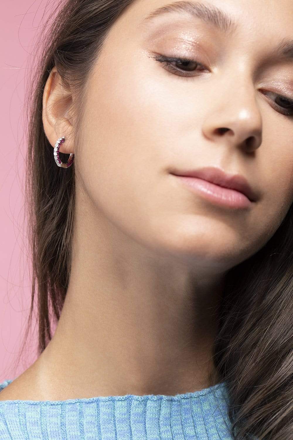 GRAZIELA-Ruby and Diamond 3 Sided Hoop Earrings-WHITE GOLD