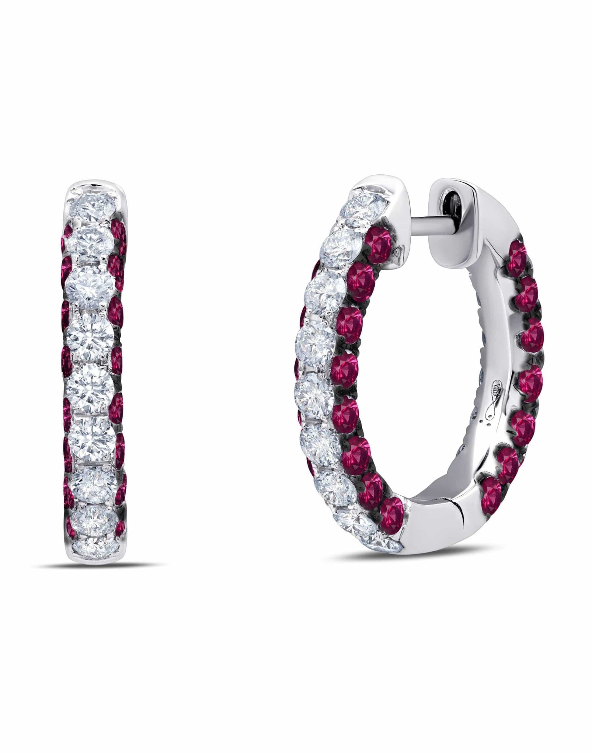 GRAZIELA-Ruby and Diamond 3 Sided Hoop Earrings-WHITE GOLD