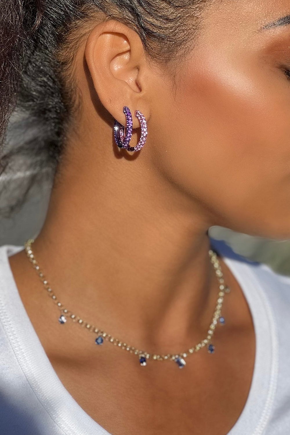 Large Sapphire Pink Rhodium 3 Sided Hoop Earrings JEWELRYFINE JEWELEARRING GRAZIELA   