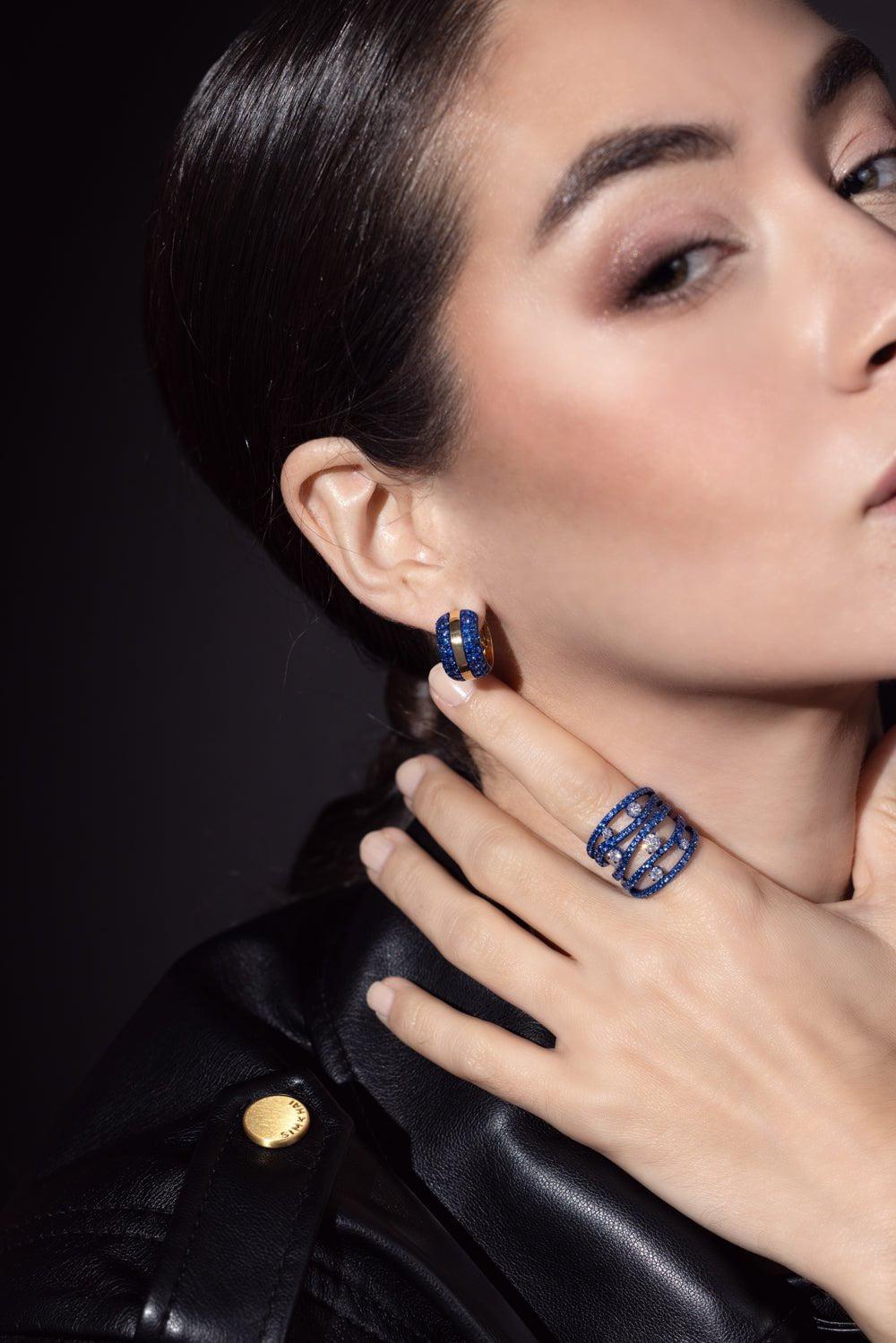 GRAZIELA-Ouro Blue Sapphire Hoop Earrings-YELLOW GOLD