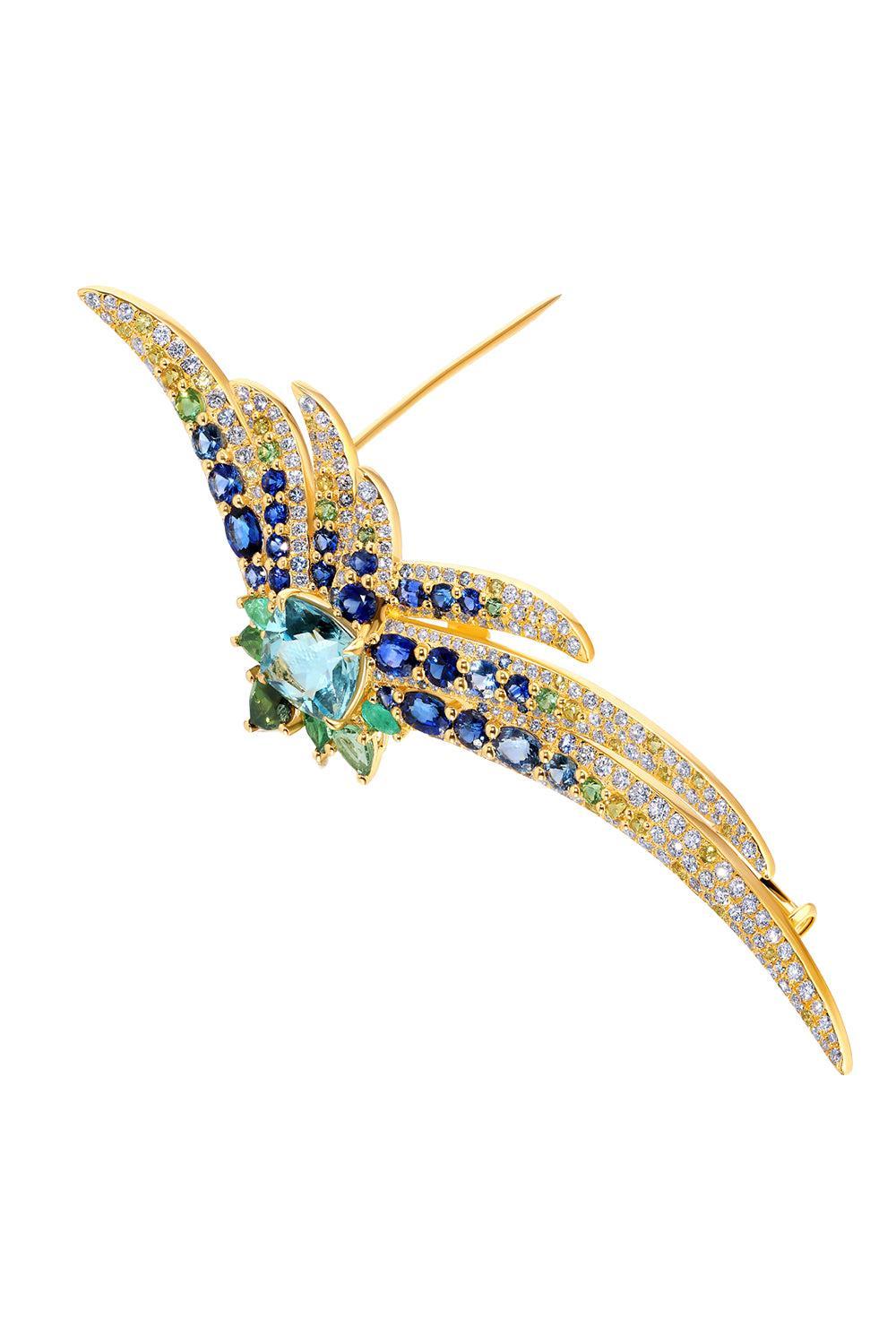 Aquamarine Pássaro Lapel Pin-YELLOW GOLD-JEWELRYFINE JEWELPIN-GRAZIELA