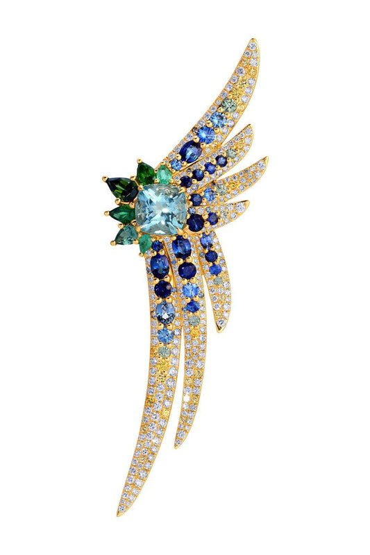 Aquamarine Pássaro Lapel Pin-YELLOW GOLD-JEWELRYFINE JEWELPIN-GRAZIELA