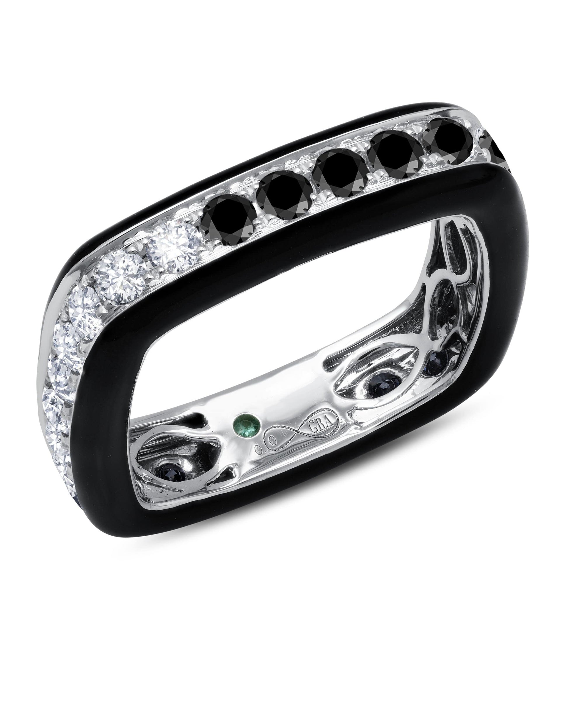 GRAZIELA-Black and White Diamond Enamel Ring-WHITE GOLD