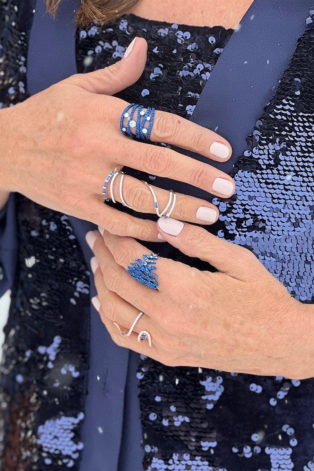 GRAZIELA-Blue Sapphire Baguette Mega Swirl Ring-WHITE GOLD