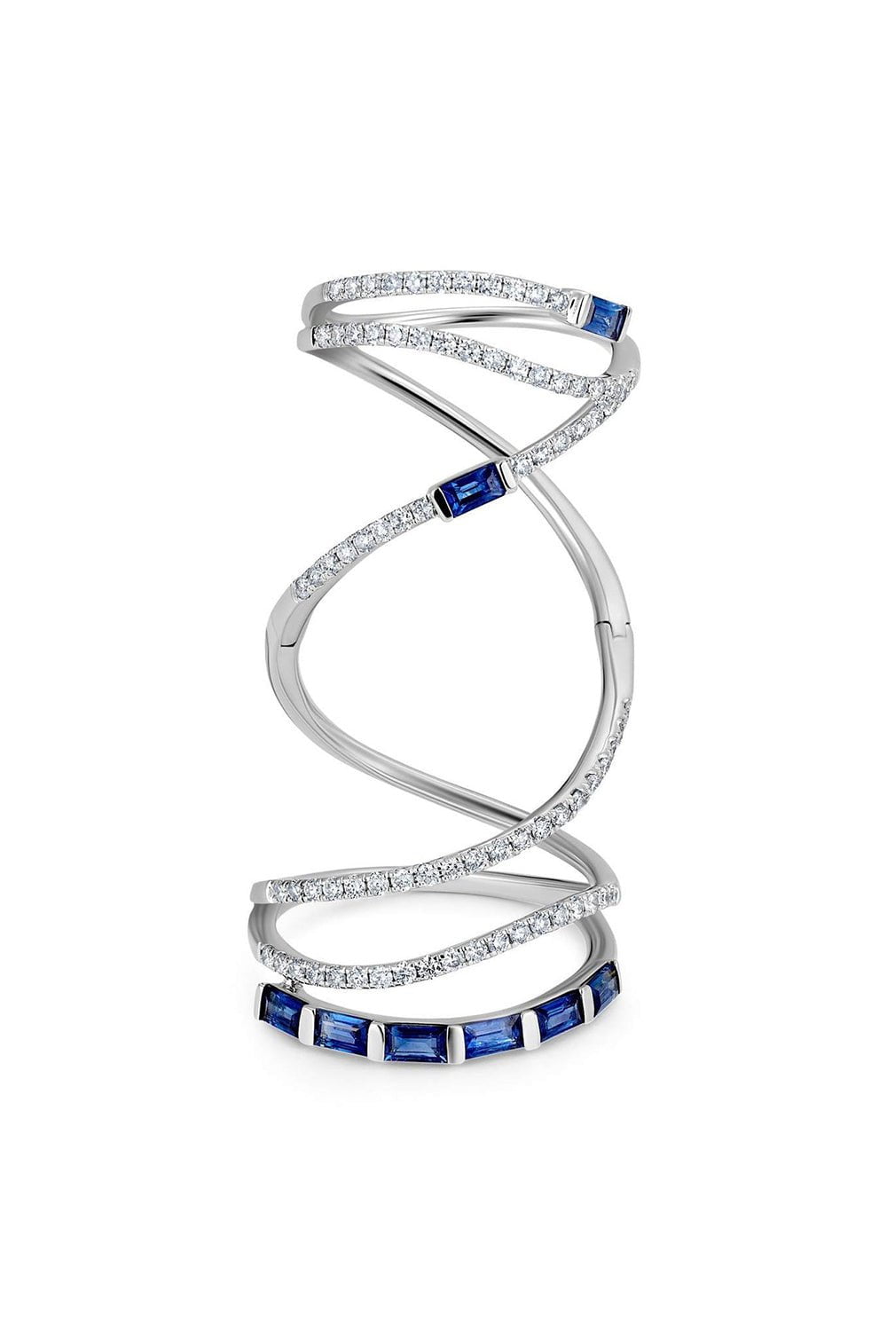 GRAZIELA-Blue Sapphire Baguette Mega Swirl Ring-WHITE GOLD