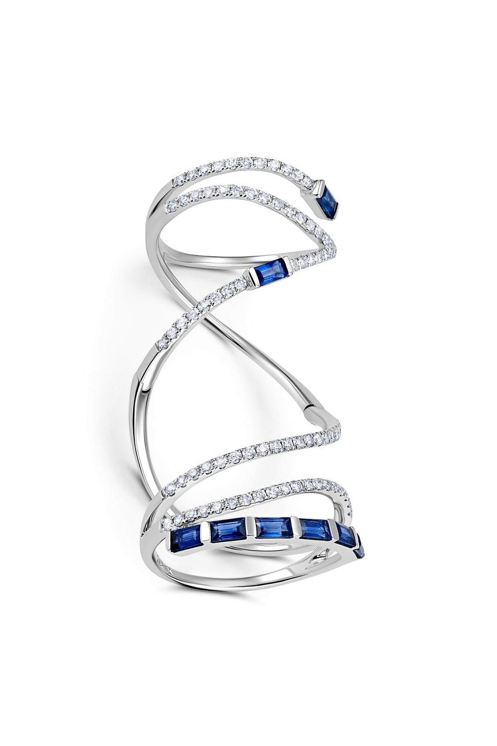 GRAZIELA-Blue Sapphire Baguette Mega Swirl Ring-WHITE GOLD