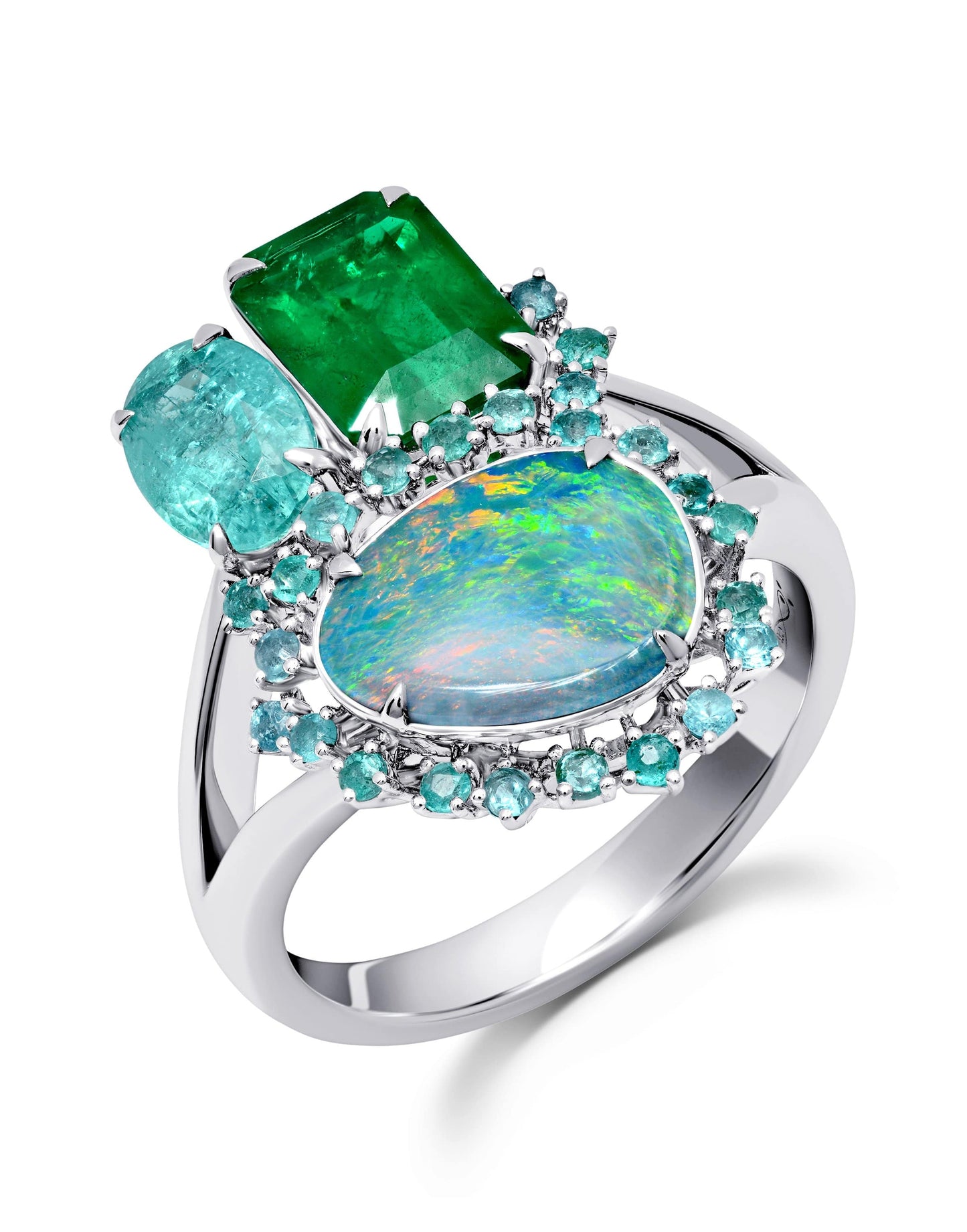 GRAZIELA-Emerald , Opal and Tourmaline Trio Ring-WHITE GOLD