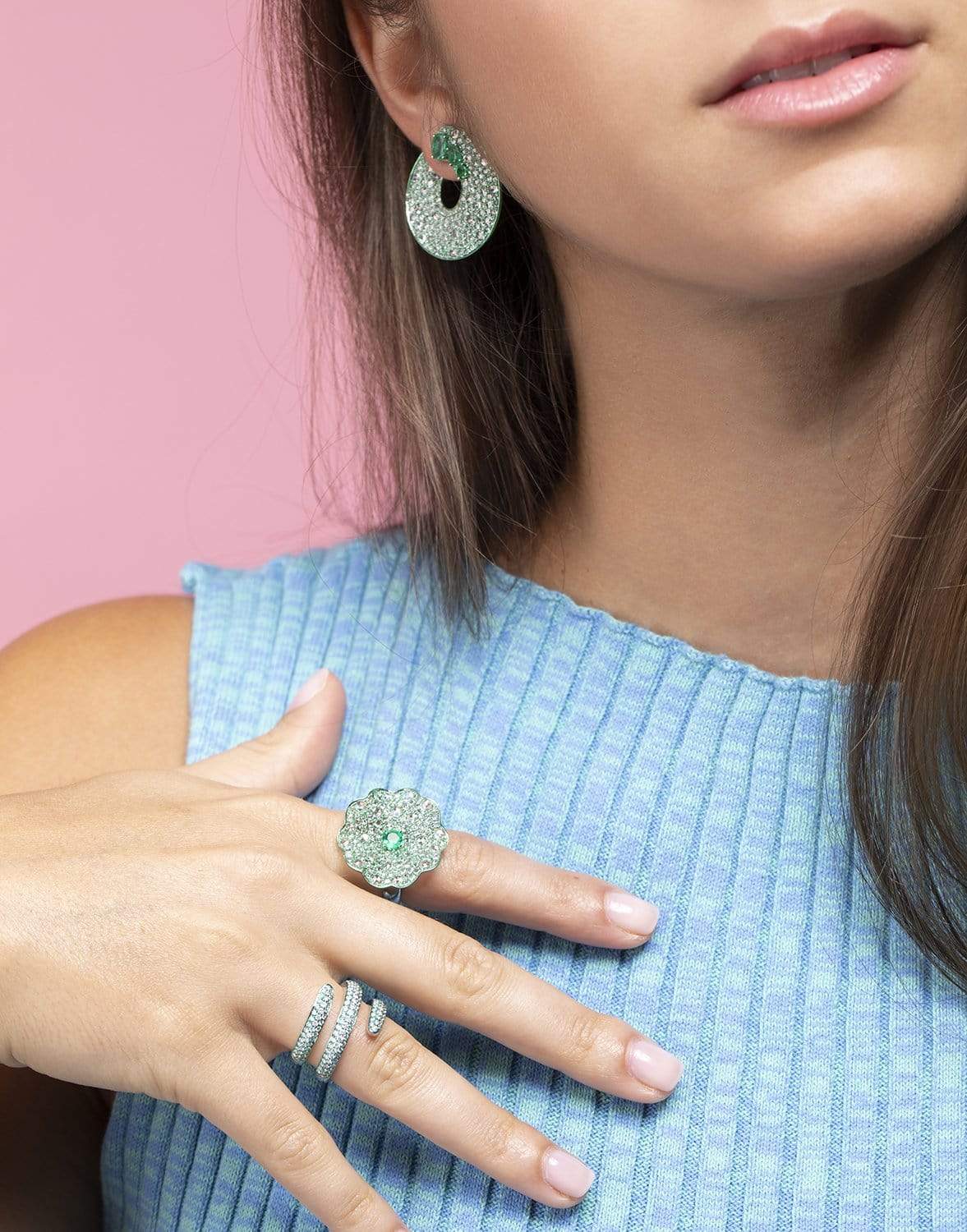 GRAZIELA-Green Rhodium & Diamond Coil Ring-WHITE GOLD