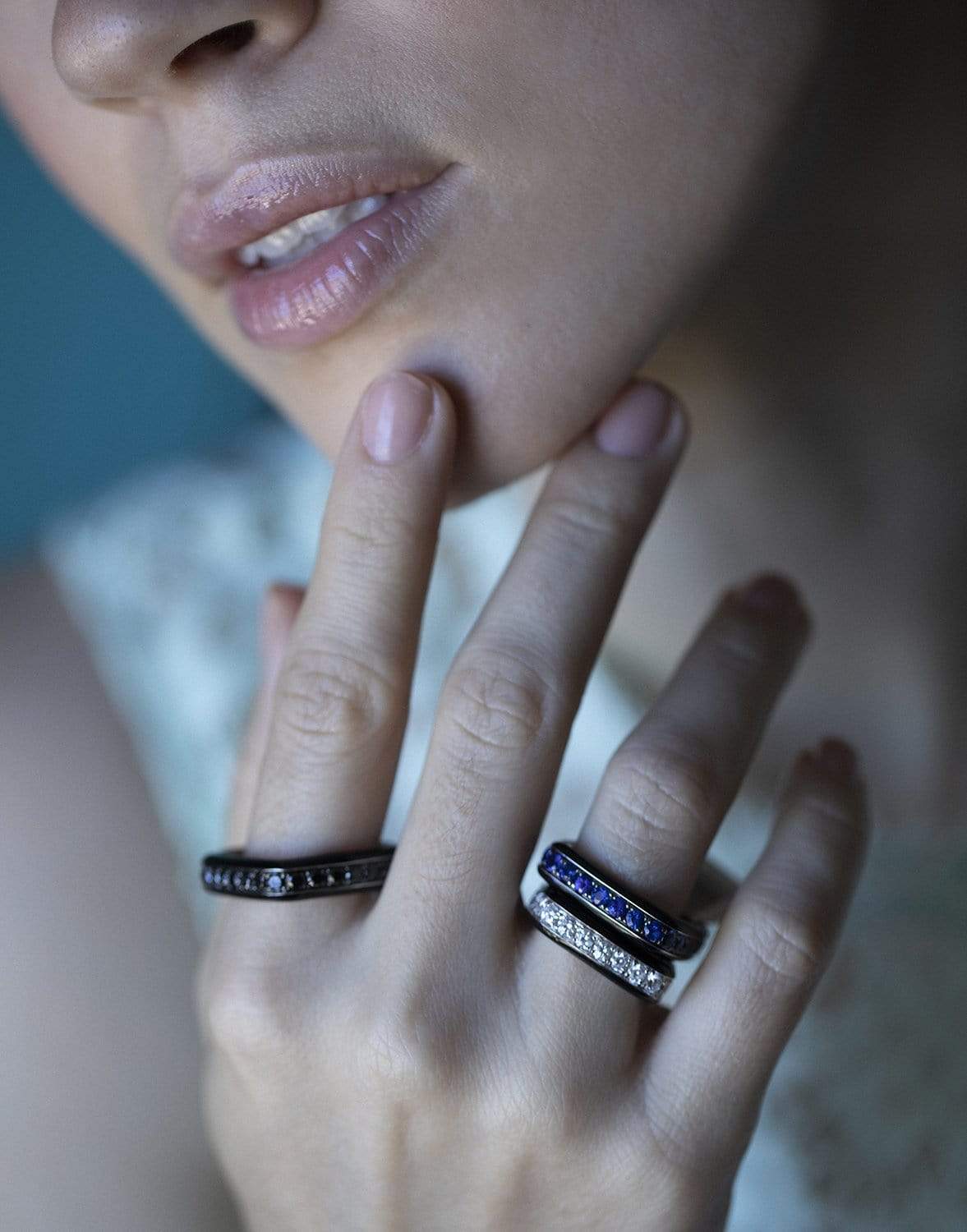 GRAZIELA-Black Diamond Enamel Full Band Ring-WHITE GOLD
