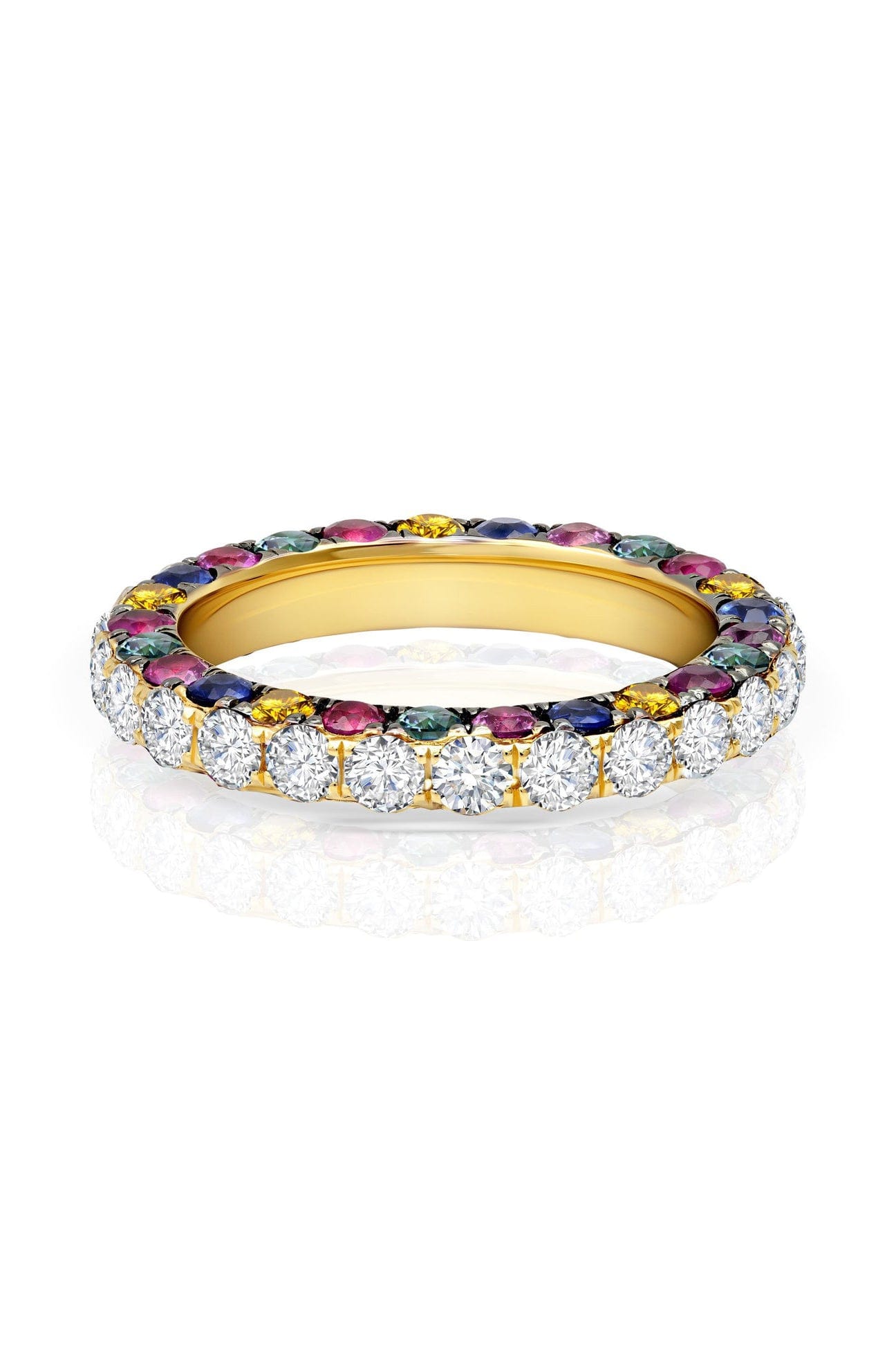 GRAZIELA-Rainbow Gem & Diamond 3 Sided Band Ring-YELLOW GOLD