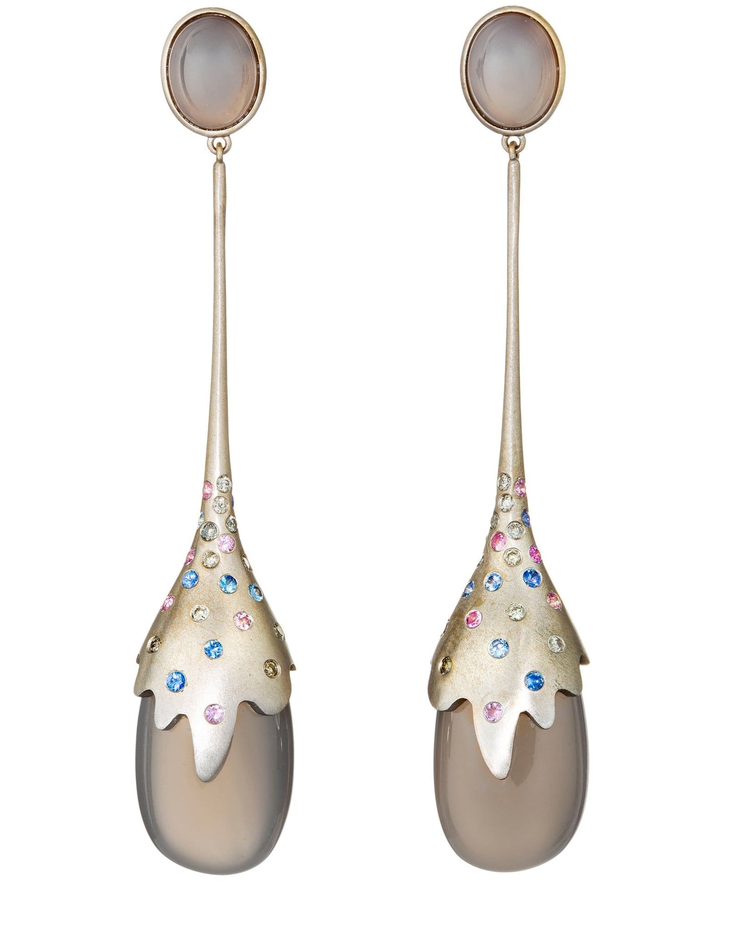 GUITA M-Grey Agate Diamond and Sapphire Drop Earrings-WHITE GOLD