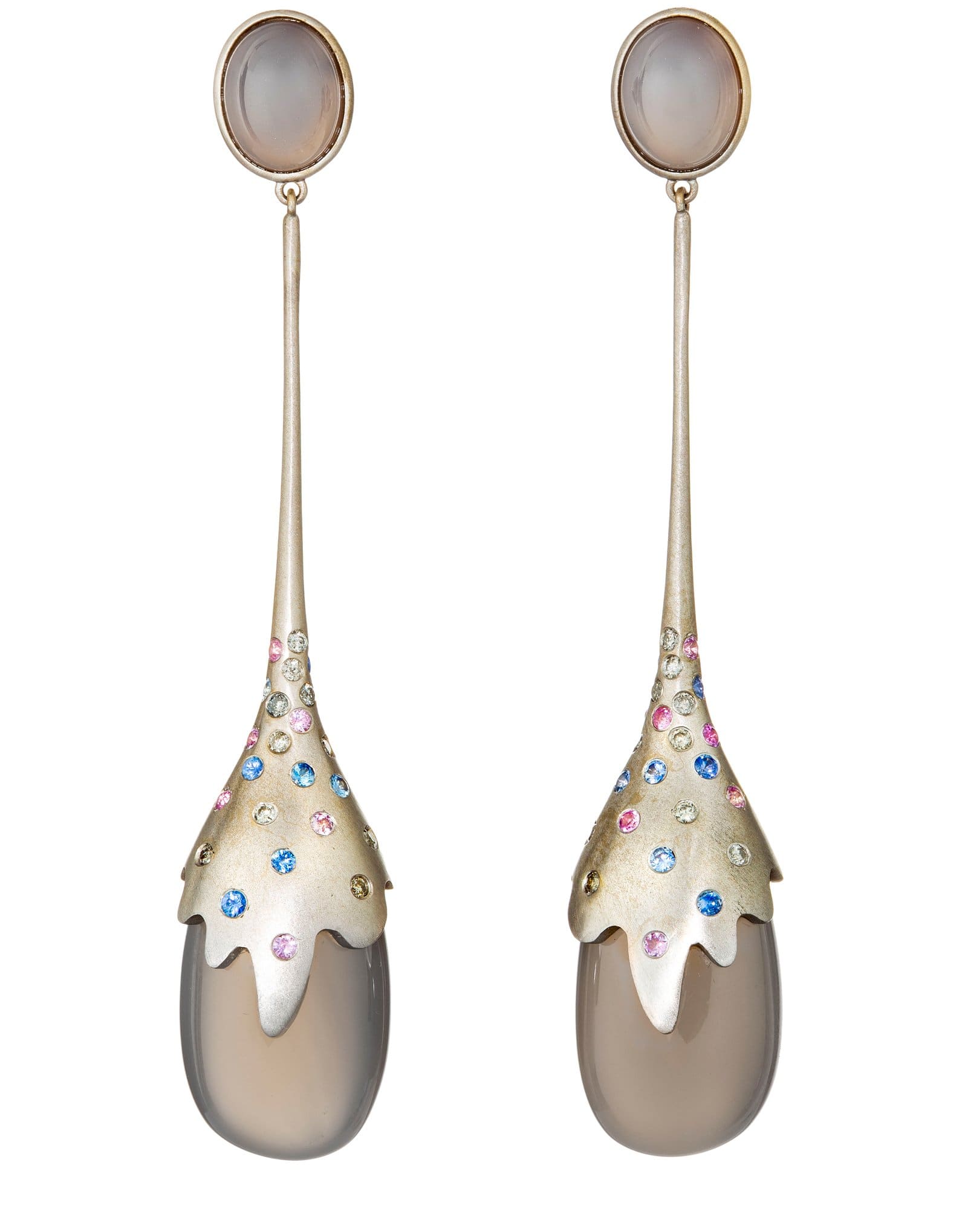 GUITA M-Grey Agate Diamond and Sapphire Drop Earrings-WHITE GOLD