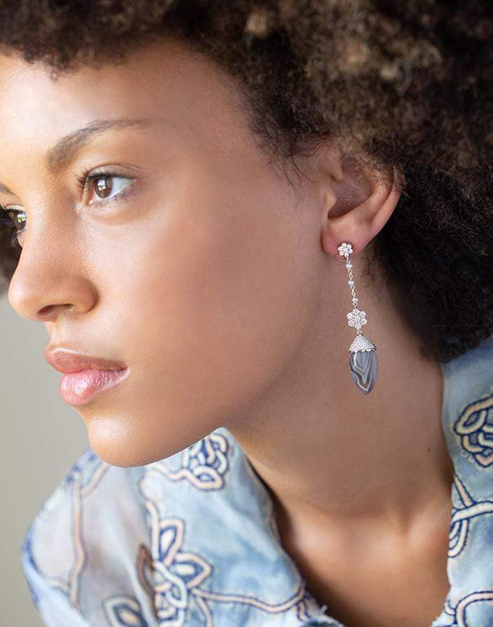GUITA M-Tiger Agate Diamond and Pearl Drop Earrings-WHITE GOLD