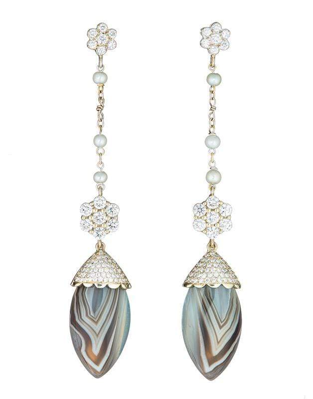 GUITA M-Tiger Agate Diamond and Pearl Drop Earrings-WHITE GOLD
