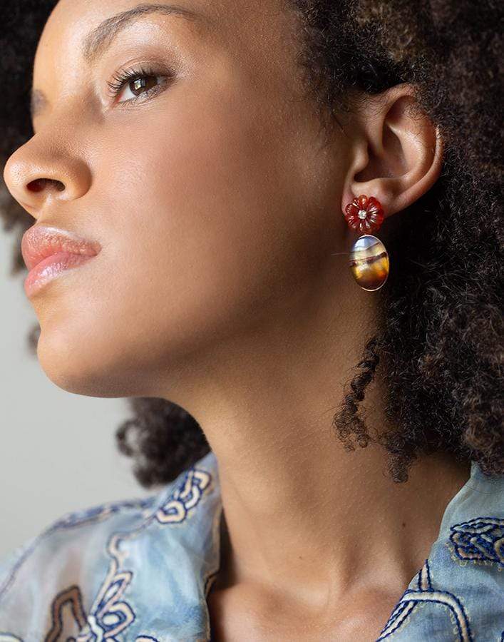 GUITA M-Red Agate and Tanzanite Flower Earrings-YELLOW GOLD