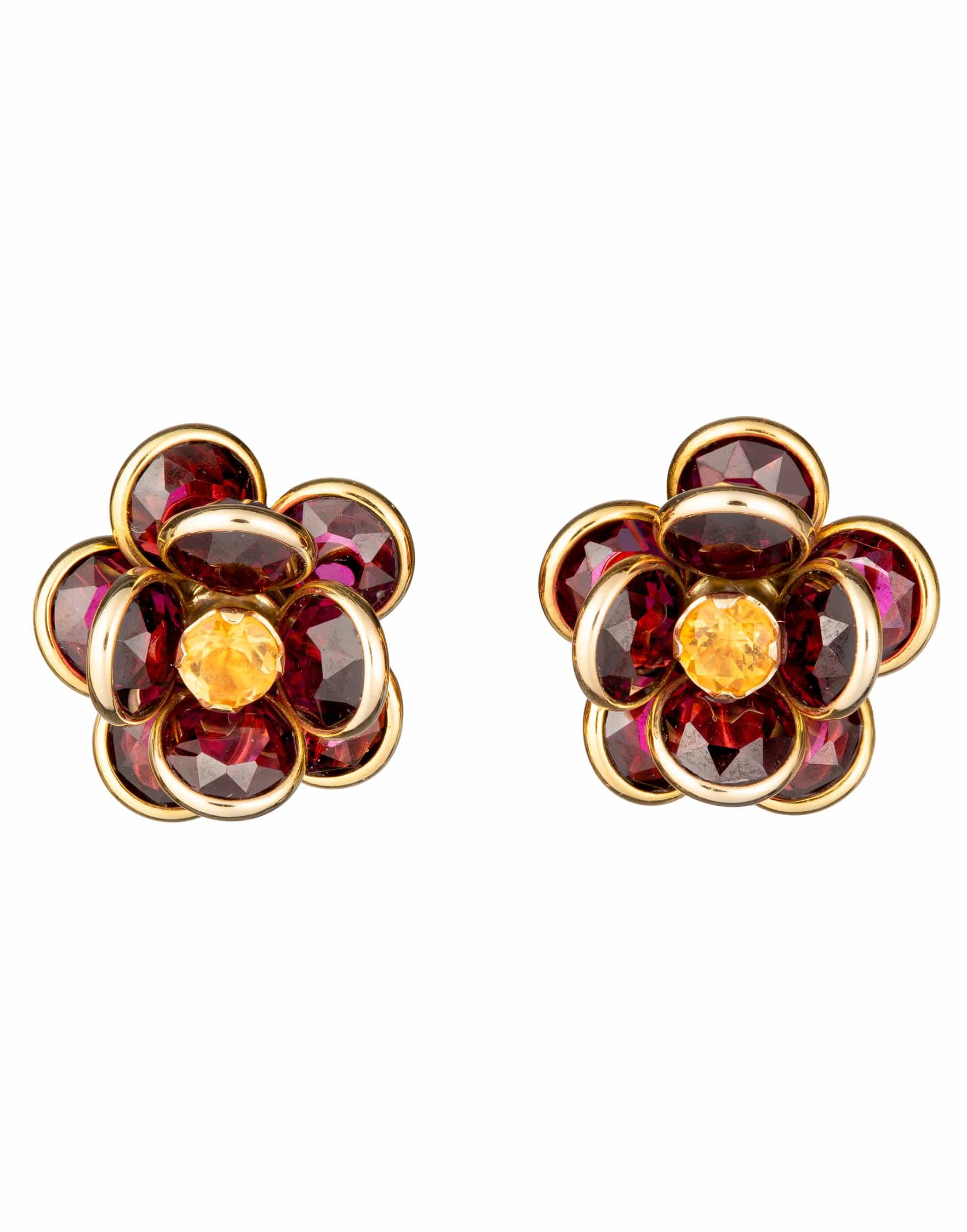 GUITA M-Rhodolite Garnet and Citrine Flower Earrings-YELLOW GOLD