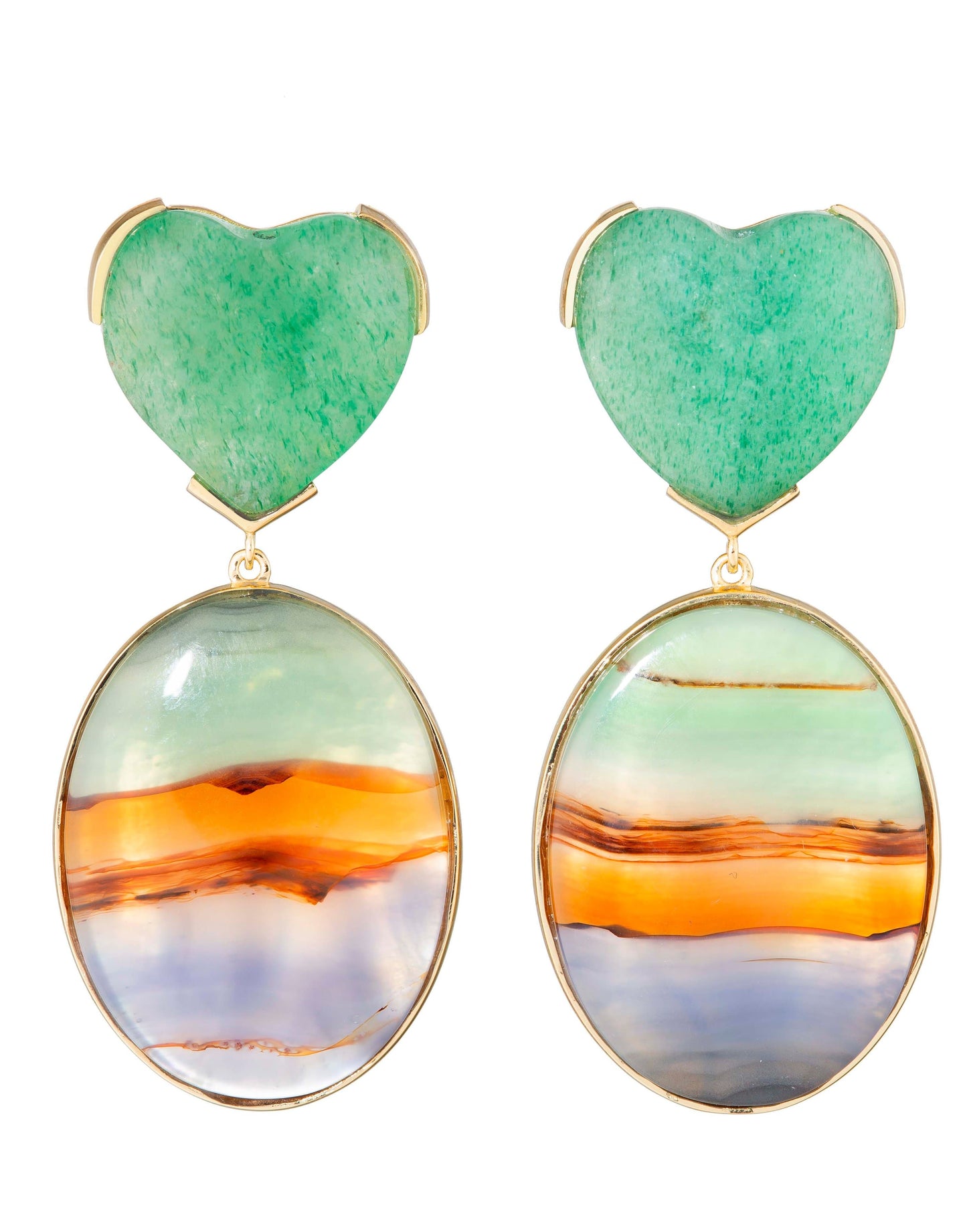GUITA M-Stripe Agate and Jade Heart Earrings-YELLOW GOLD