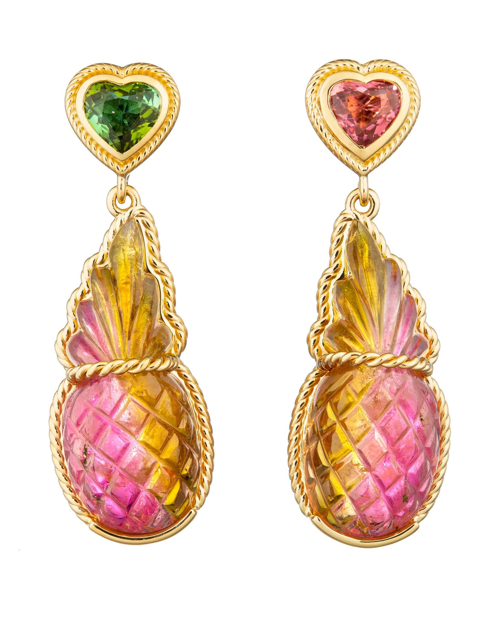 GUITA M-Watermelon Tourmaline Pineapple Drop Earrings-YELLOW GOLD