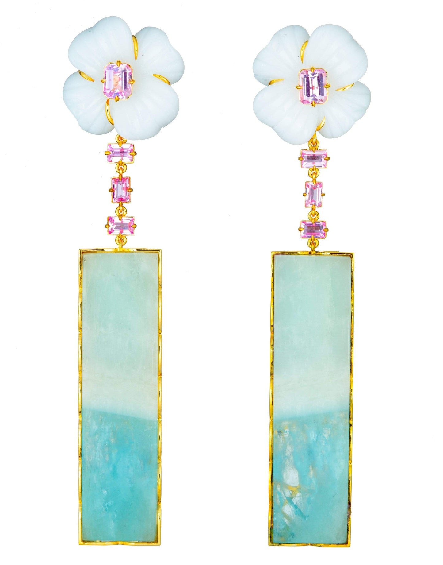 GUITA M-White Agate and Aquamarine Drop Earrings-YELLOW GOLD