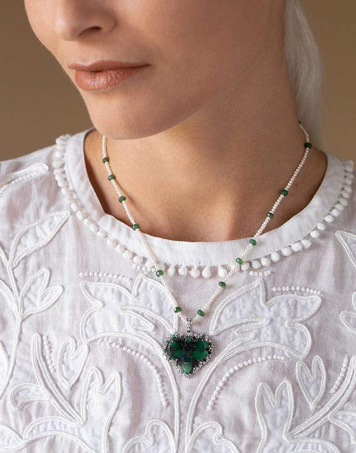 GUITA M-Emerald and Pearl Heart Necklace-WHITE GOLD