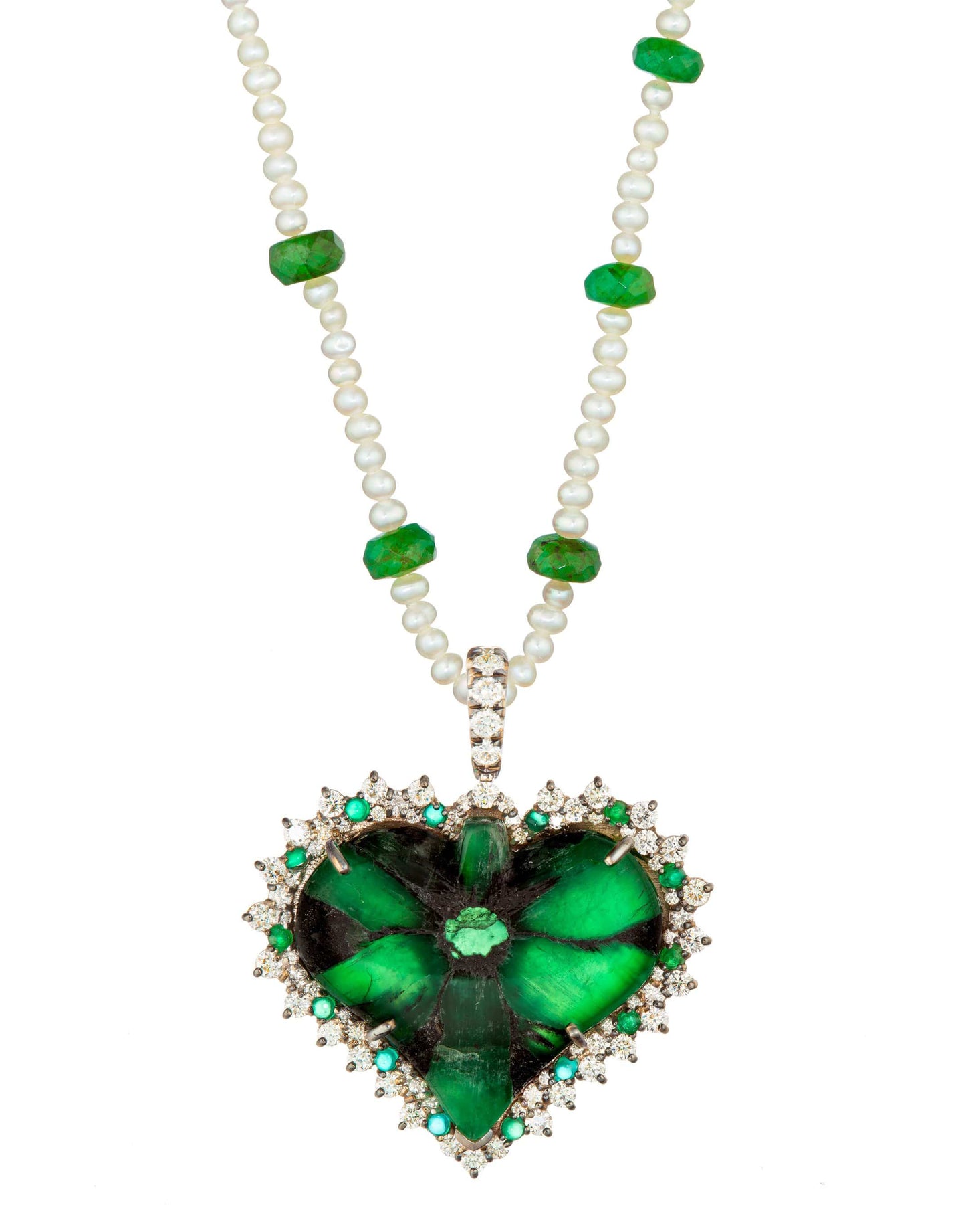GUITA M-Emerald and Pearl Heart Necklace-WHITE GOLD