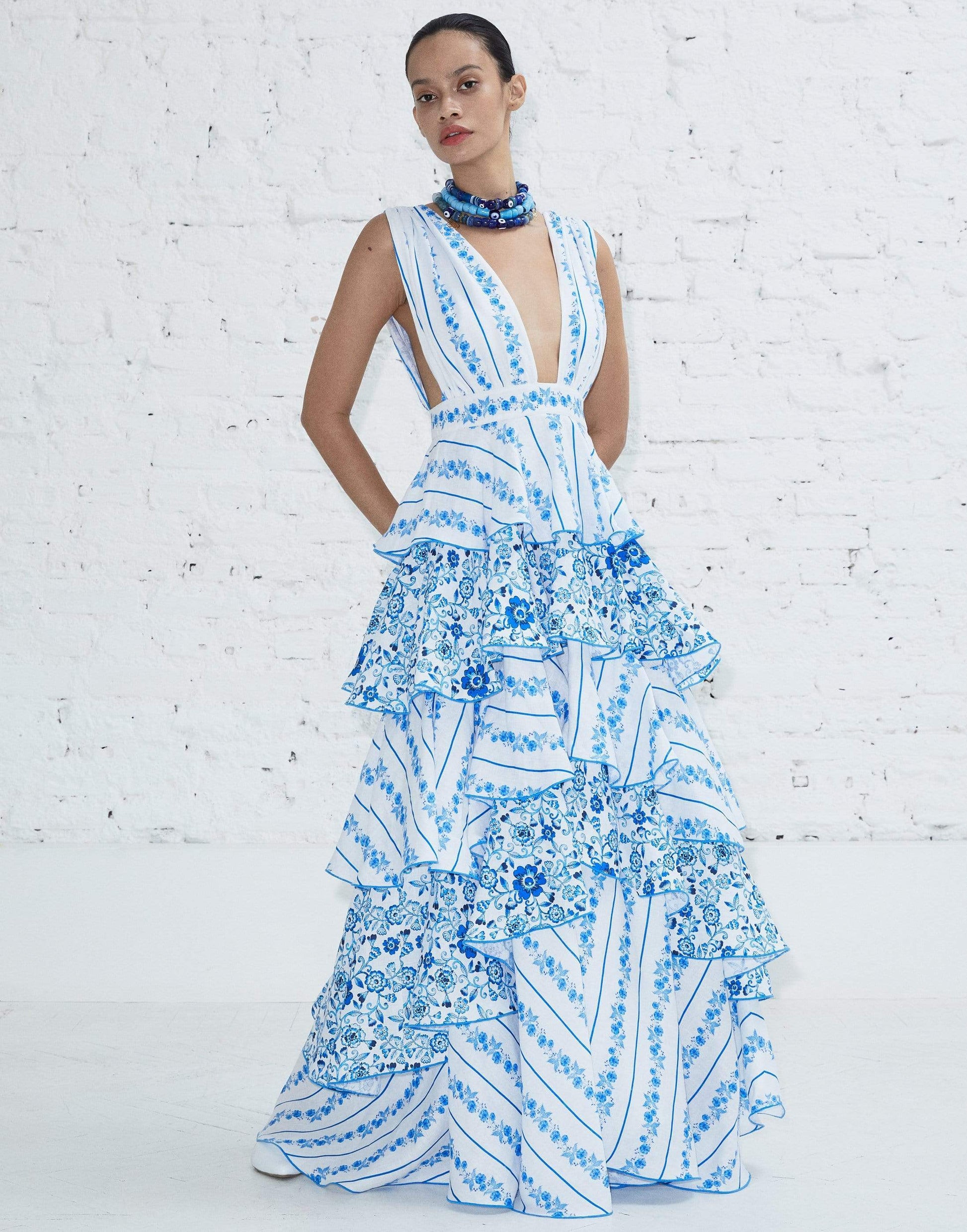 GUL HURGEL-Blue Iznik Sleeveless Ruffle Dress-