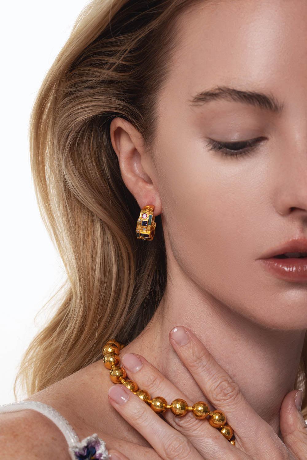 GURHAN-Wide Mixed Stone Hoop Earrings-YELLOW GOLD