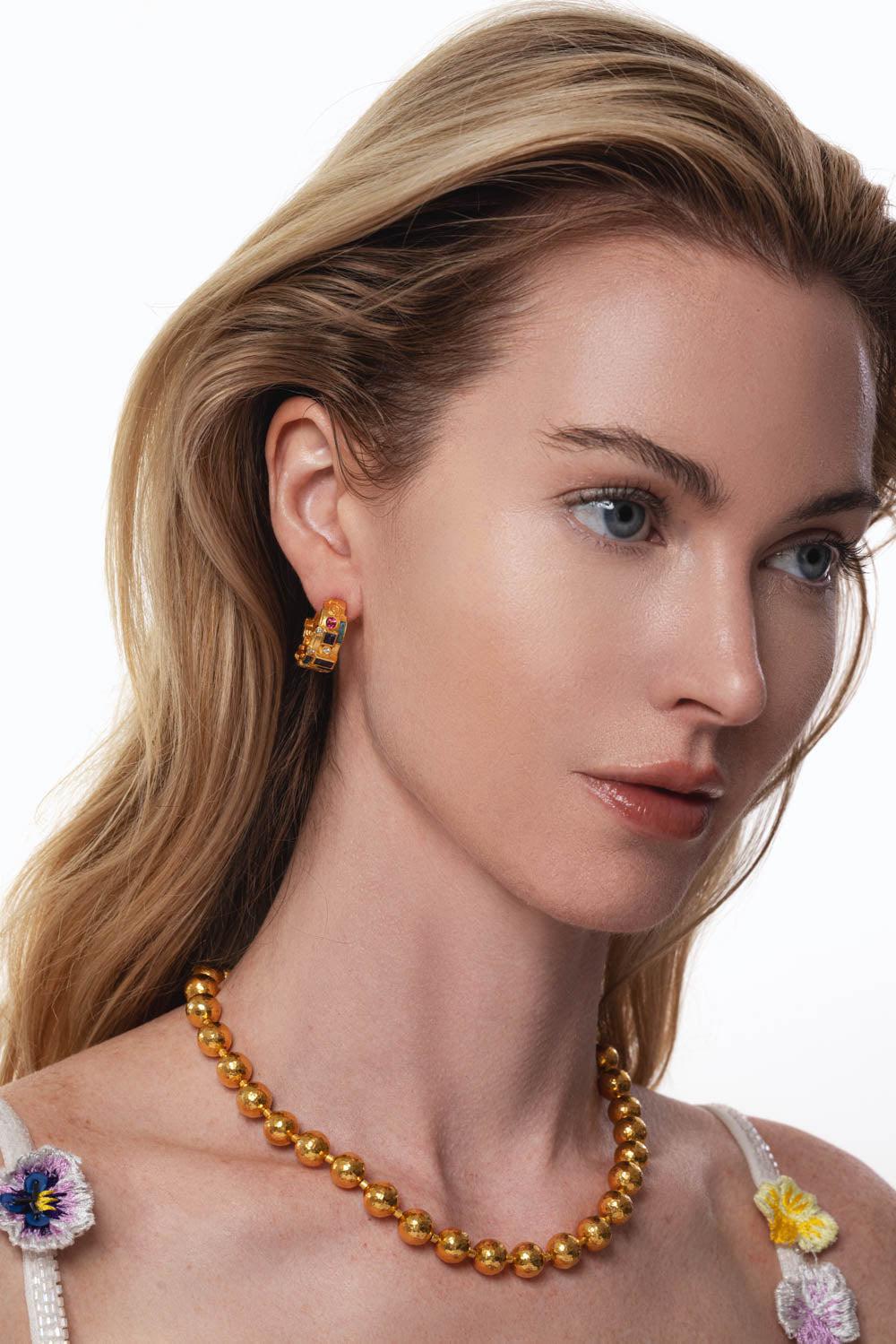 GURHAN-Wide Mixed Stone Hoop Earrings-YELLOW GOLD