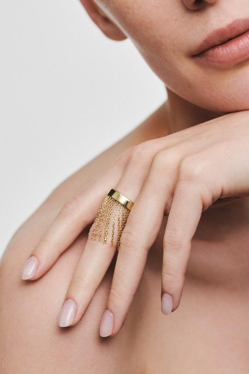 Short Chainfall Ring-YELLOW GOLD-7.25-JEWELRYFINE JEWELRING-GUZEMA FINE JEWELRY