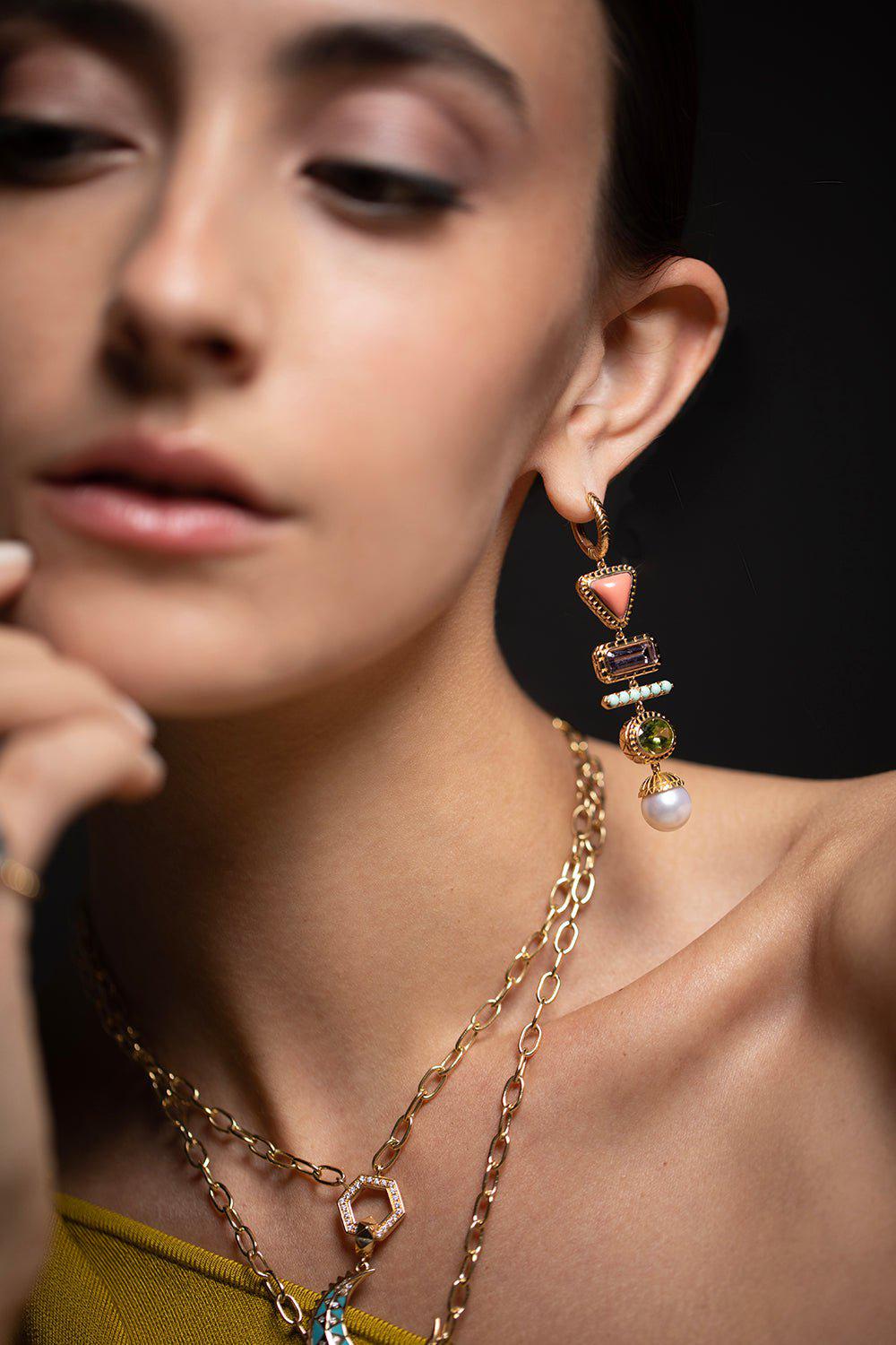 HARWELL GODFREY-5 Stone Totem Drop Earrings-YELLOW GOLD