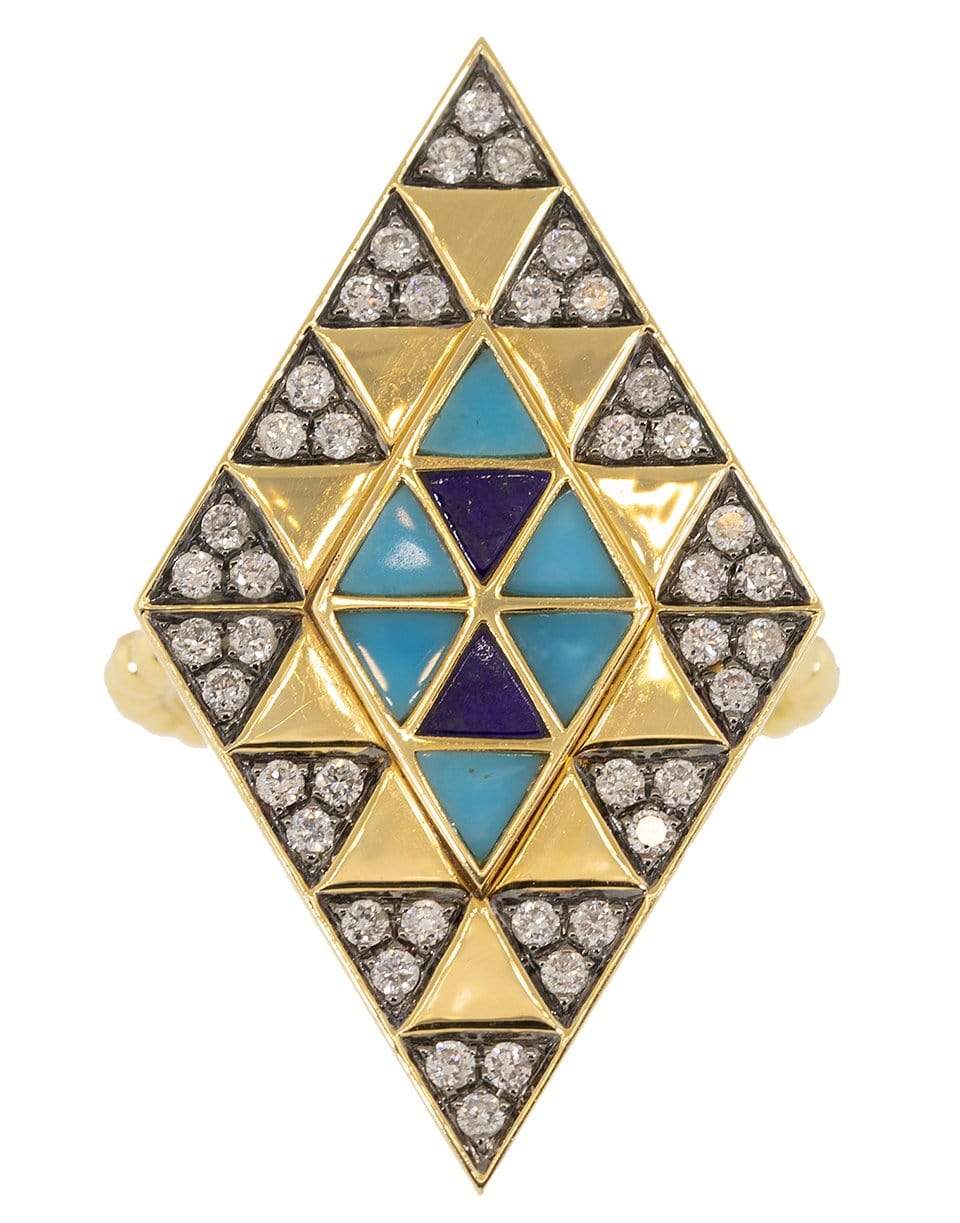 HARWELL GODFREY-Lapis, Turquoise, and Diamond Inlay Shield Ring-YELLOW GOLD