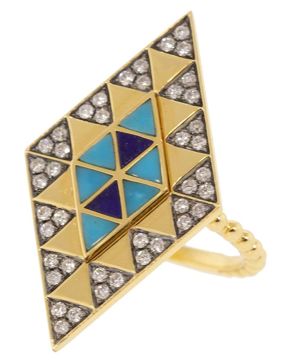 HARWELL GODFREY-Lapis, Turquoise, and Diamond Inlay Shield Ring-YELLOW GOLD