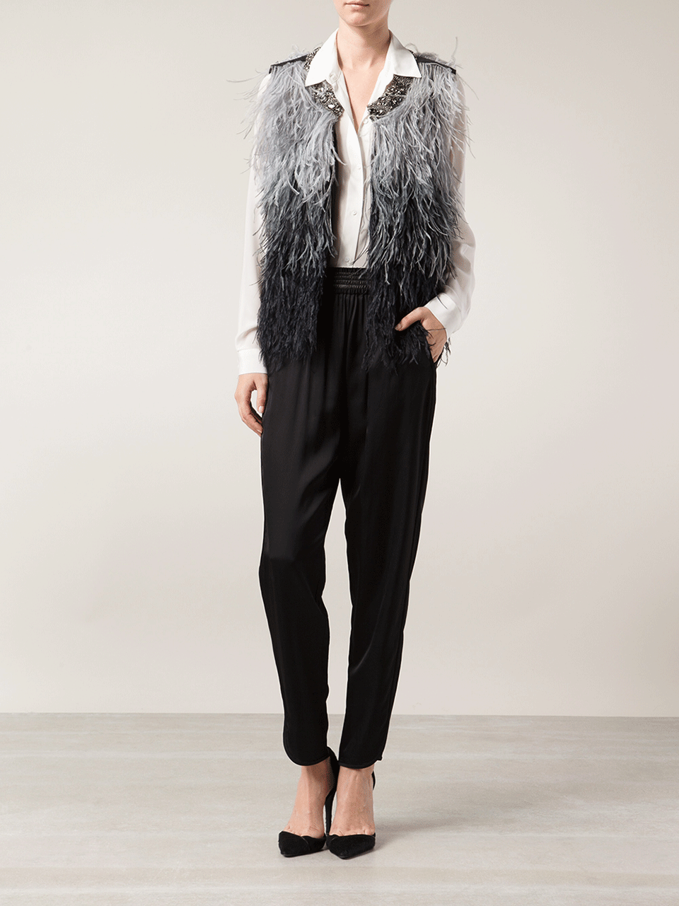 HAUTE HIPPIE-Ostrich Ombre Feather Vest-CHARCOAL