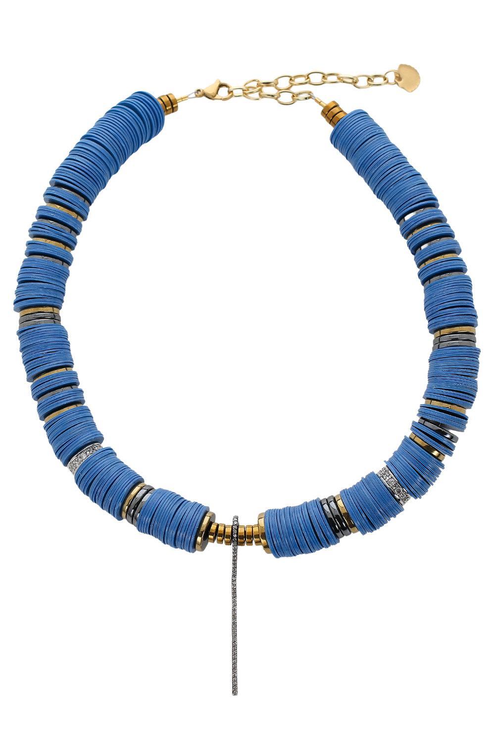 Blue Beaded Diamond Stick Charm Necklace-BLUE-JEWELRYBOUTIQUENECKLACE O-HIJAS DE PUKA