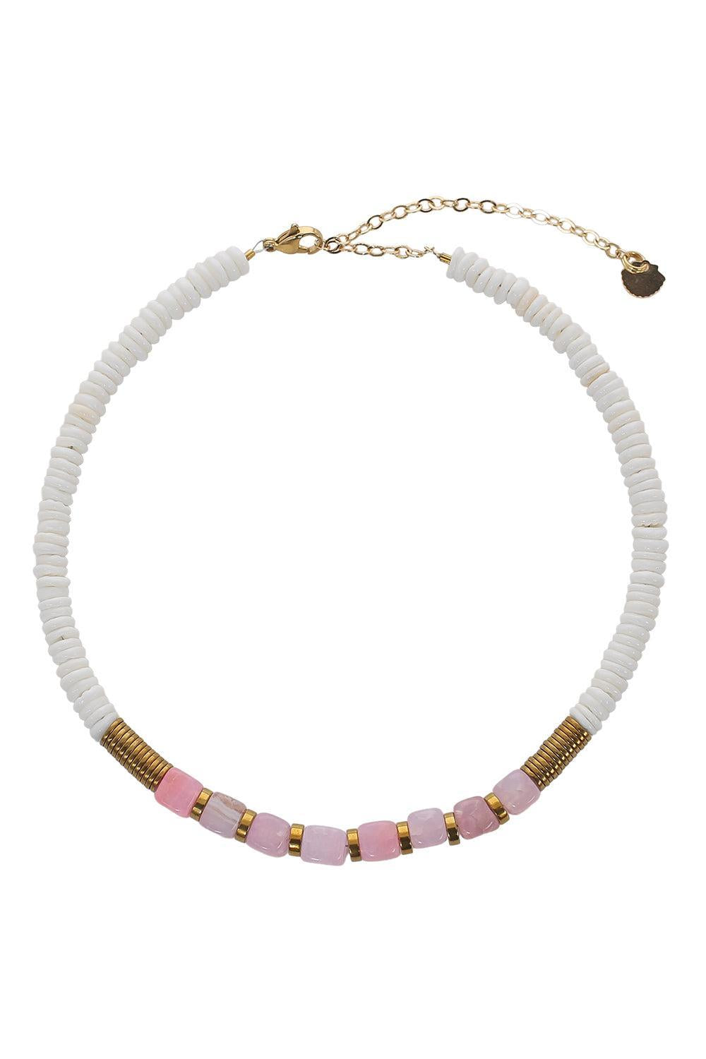 Mar White Shell Agate Hematite Necklace-WHT/PNK-JEWELRYBOUTIQUENECKLACE O-HIJAS DE PUKA