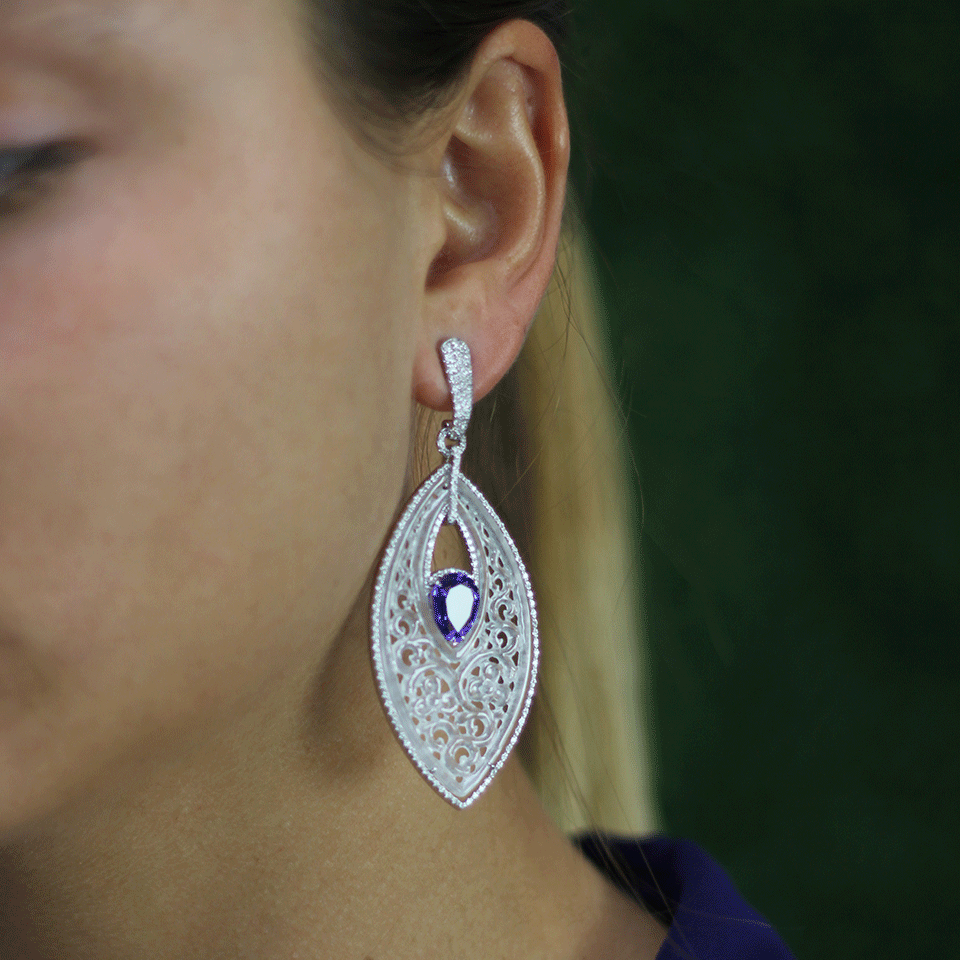 INBAR-Carved White Jade And Tanzanite Earrings-WHITE GOLD