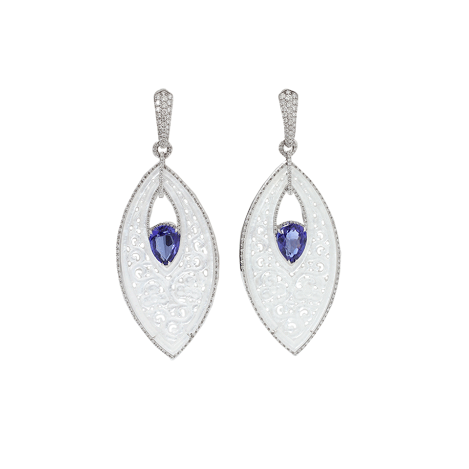 INBAR-Carved White Jade And Tanzanite Earrings-WHITE GOLD