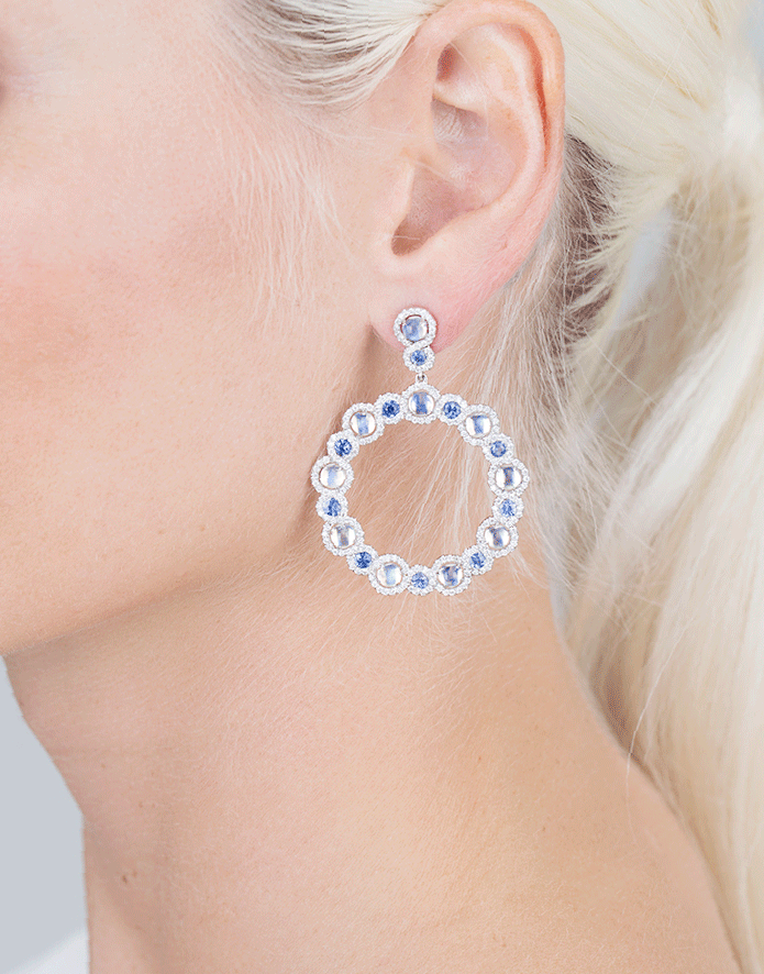 INBAR-Moonstone And Blue Sapphire Earrings-WHITE GOLD
