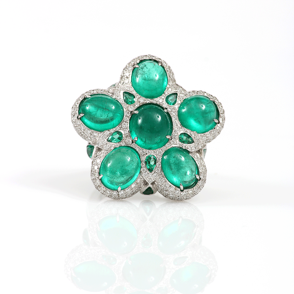 INBAR-Emerald Flower Ring-WHITE GOLD