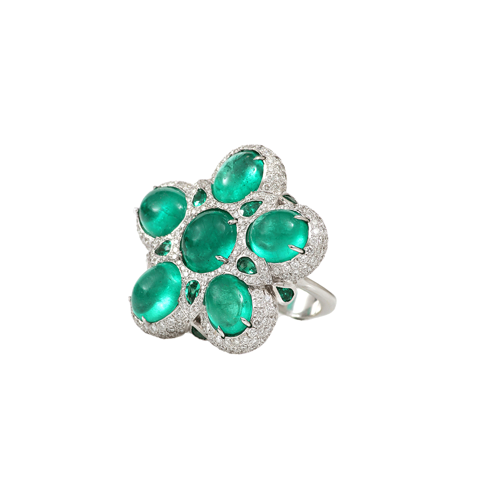 INBAR-Emerald Flower Ring-WHITE GOLD
