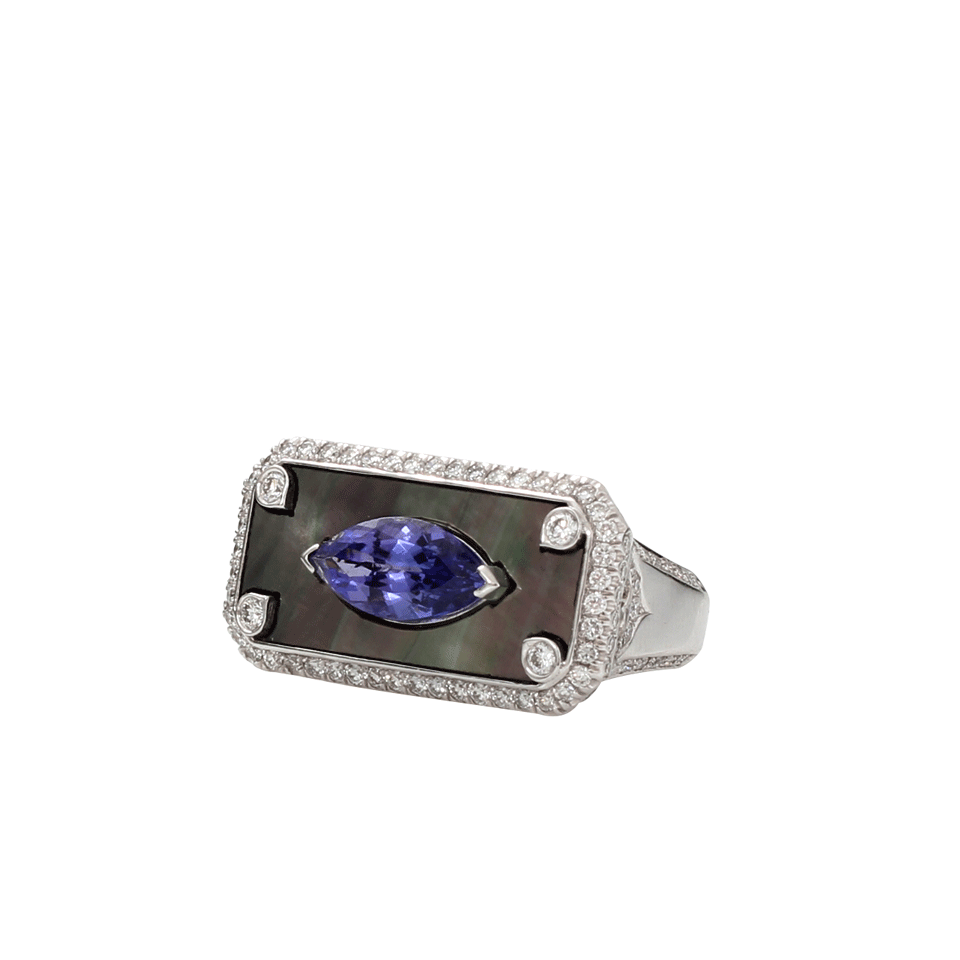 INBAR-Mother Of Pearl And Tanzanite Signet Ring-WHITE GOLD
