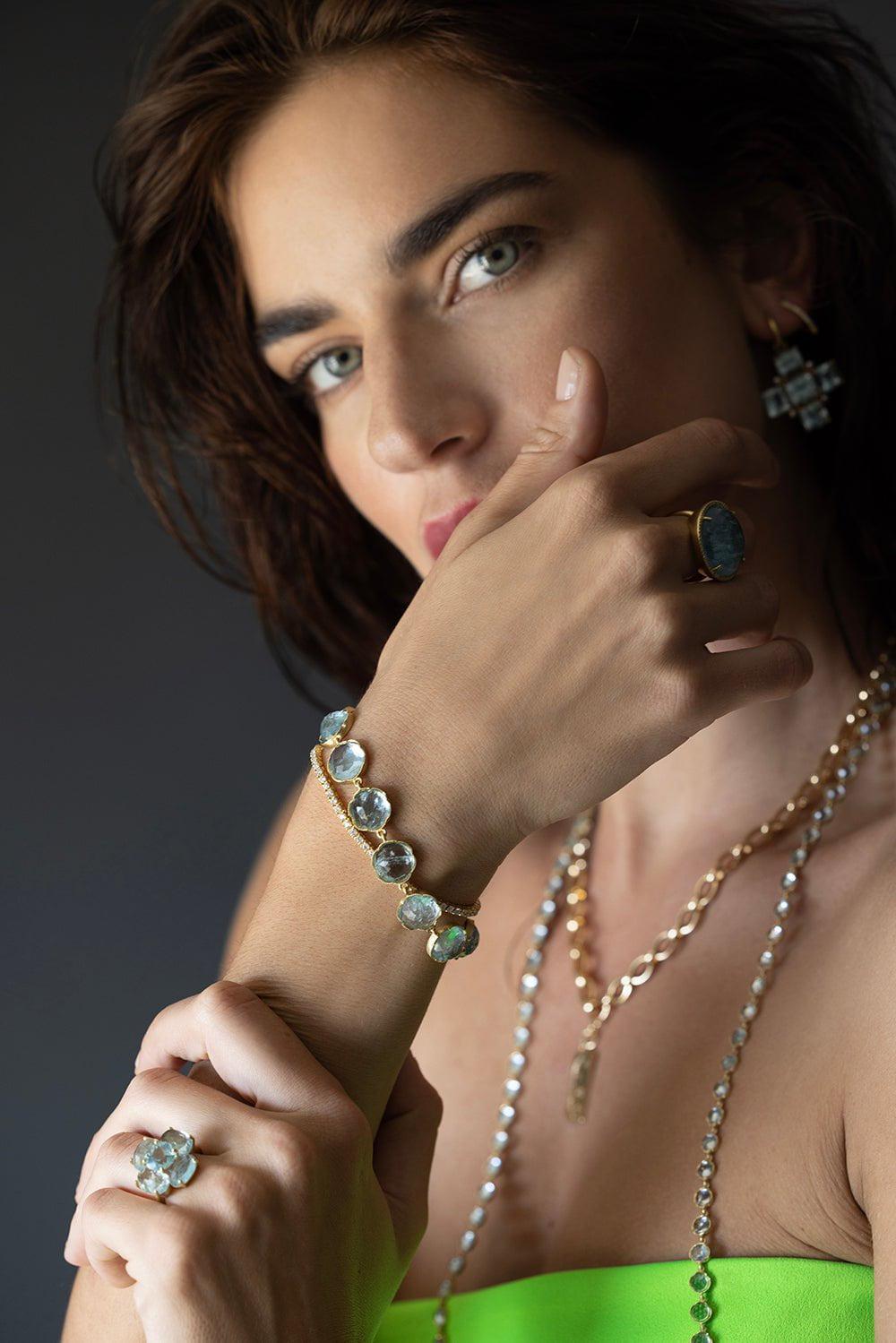 IRENE NEUWIRTH JEWELRY-Medium Aquamarine Classic Link Bracelet-YELLOW GOLD