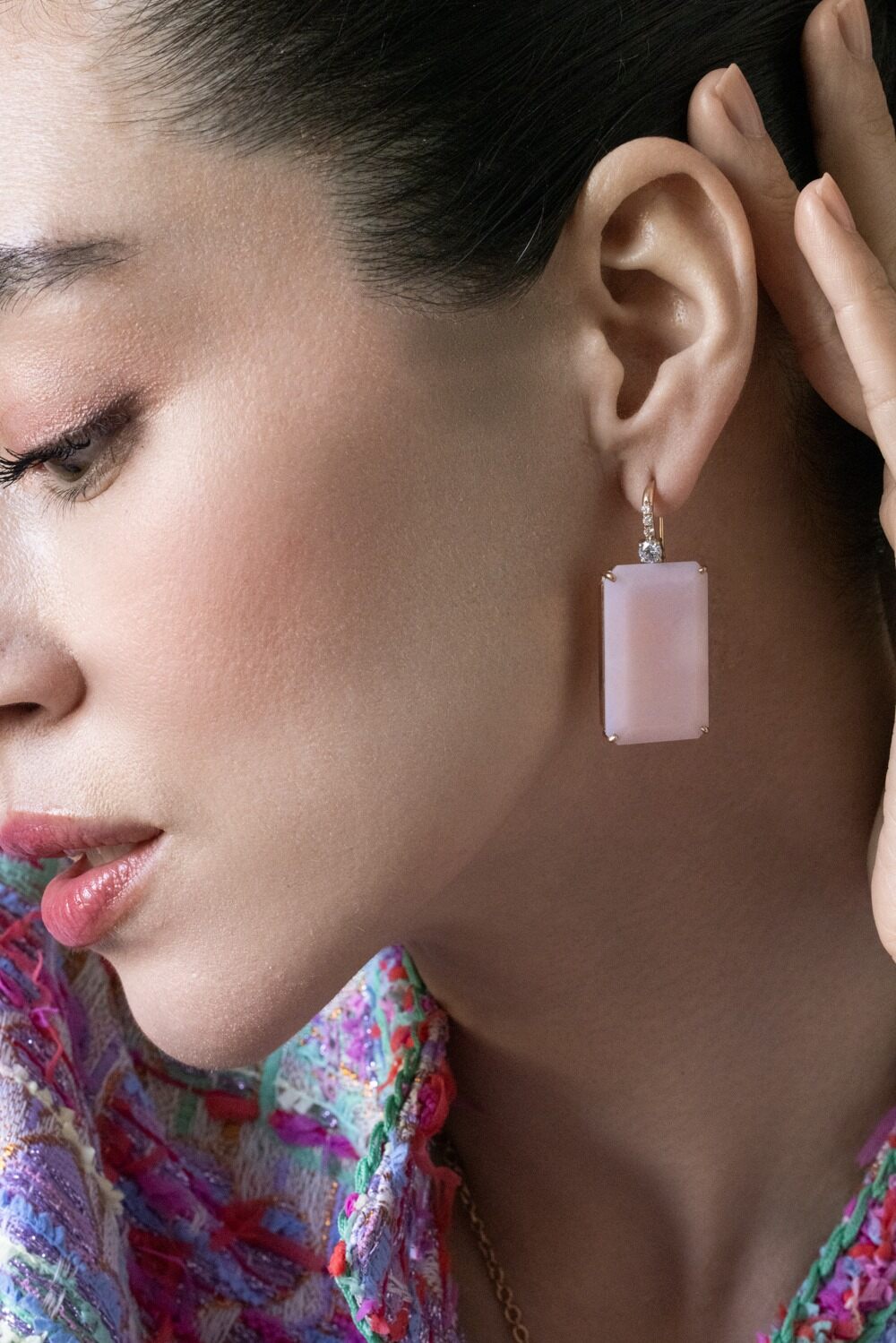 Pink Opal Diamond Rectangle Hook Earrings-ROSE GOLD-JEWELRYFINE JEWELEARRING-IRENE NEUWIRTH JEWELRY