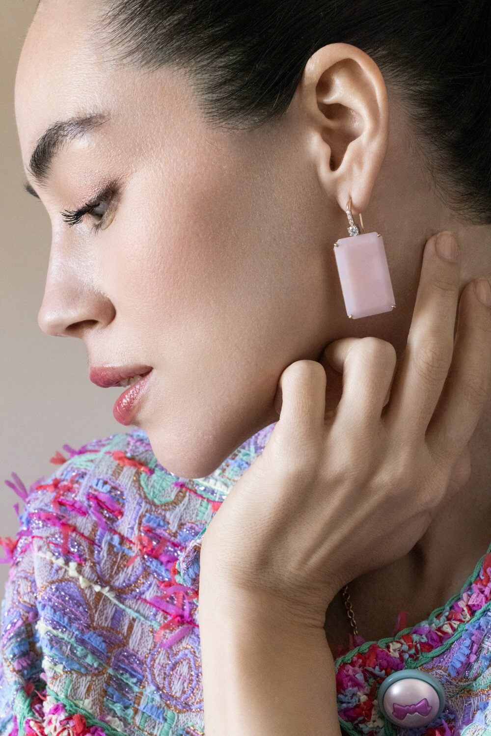 Pink Opal Diamond Rectangle Hook Earrings-ROSE GOLD-JEWELRYFINE JEWELEARRING-IRENE NEUWIRTH JEWELRY