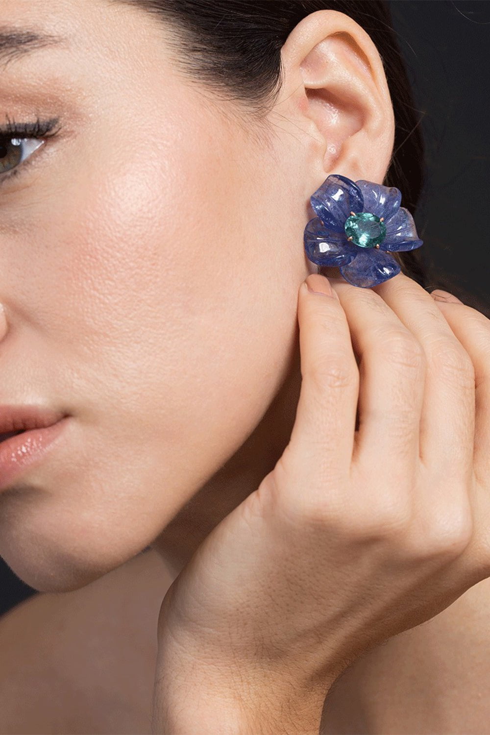 IRENE NEUWIRTH JEWELRY-Tanzanite and Green Tourmaline Carved Flower Earrings-ROSE GOLD