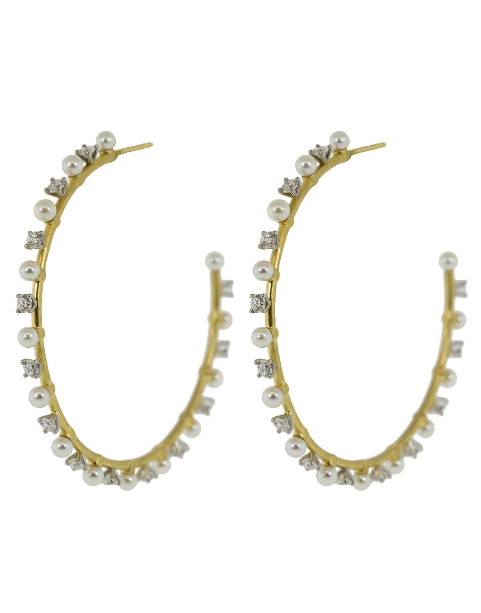 IRENE NEUWIRTH JEWELRY-Akoya Pearl and Full Cut Diamond Hoops-YELLOW GOLD