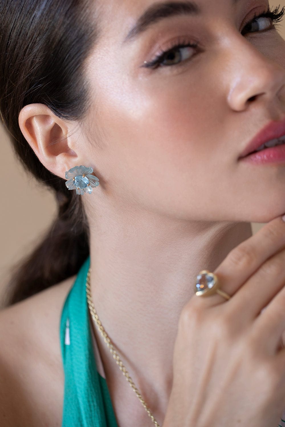 IRENE NEUWIRTH JEWELRY-Aquamarine Flower Earring-YELLOW GOLD