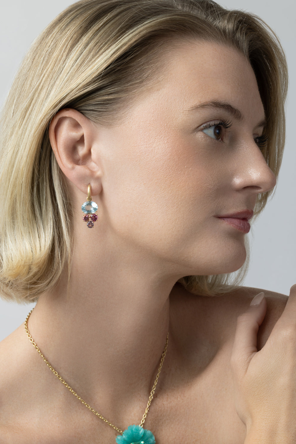 Aquamarine Pink Tourmaline Gemmy Gem Huggie Earrings-YELLOW GOLD-JEWELRYFINE JEWELEARRING-IRENE NEUWIRTH JEWELRY