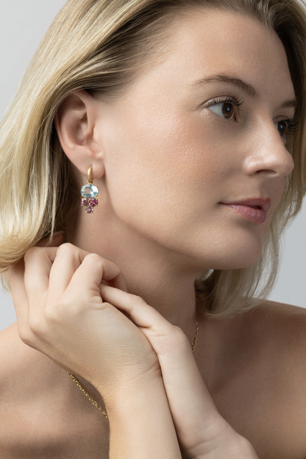  Aquamarine Pink Tourmaline Gemmy Gem Huggie Earrings-YELLOW GOLD-JEWELRYFINE JEWELEARRING-IRENE NEUWIRTH JEWELRY 