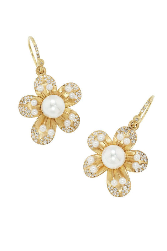 Diamond Pearl Blossom Flower Earrings-YELLOW GOLD-JEWELRYFINE JEWELEARRING-IRENE NEUWIRTH JEWELRY